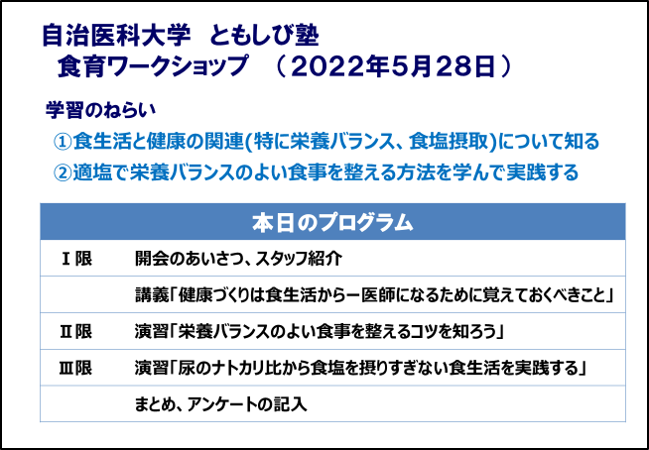 自治医科大学ともしび塾　食育ワークショッププログラム